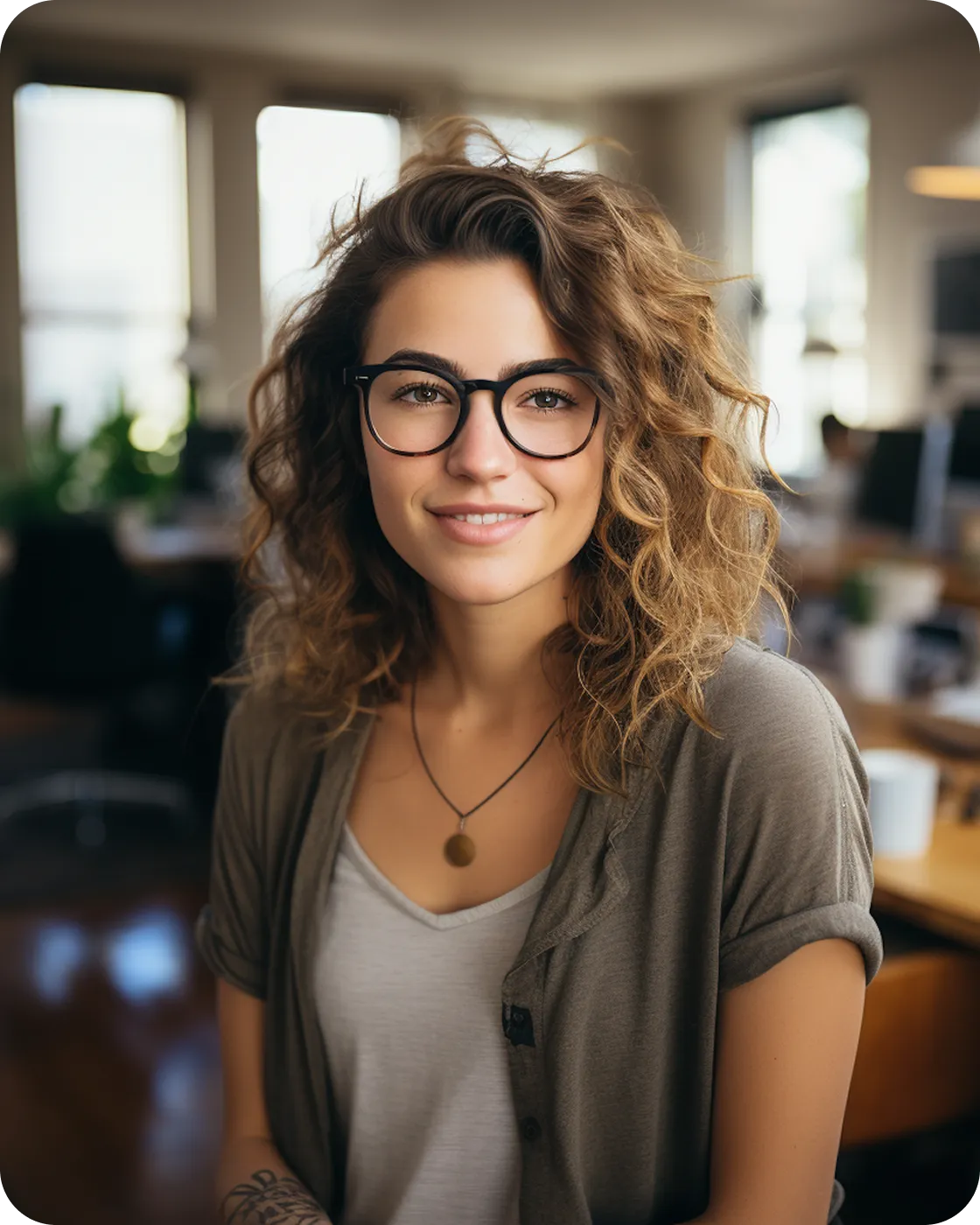 Smiling woman with curly hair and glasses wearing a gray shirt and necklace in a bright office setting.