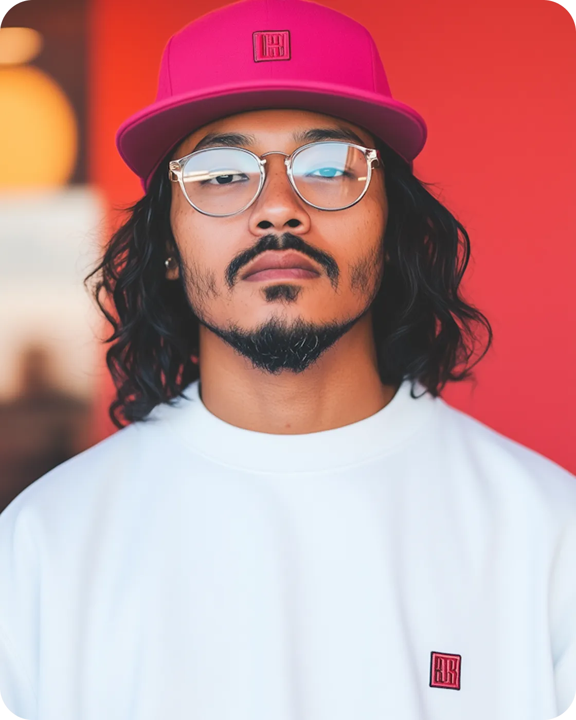 Man with medium-length curly hair wearing clear glasses, a pink cap, and a white sweatshirt against a red background.
