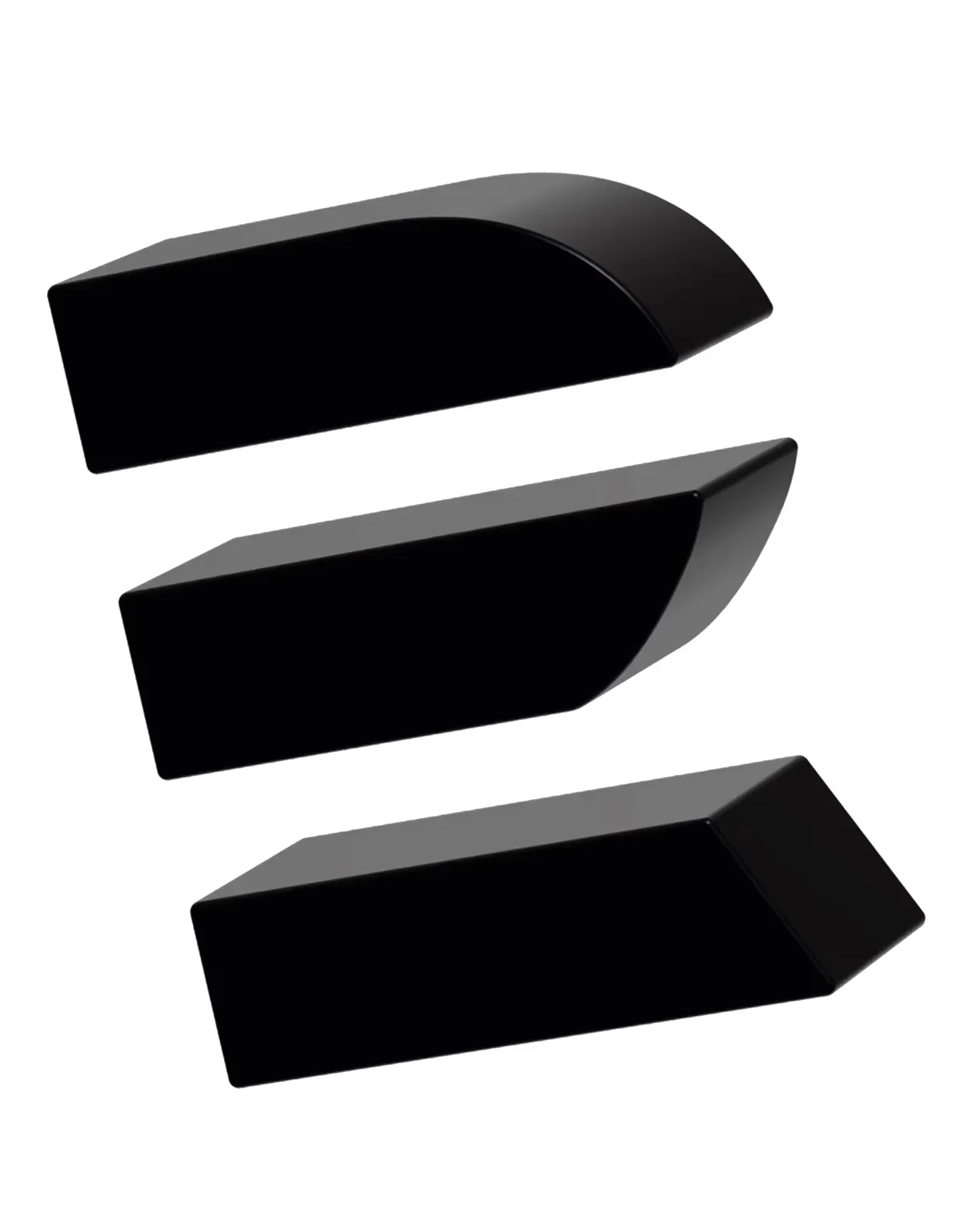 Three black geometric shapes stacked vertically with curved and angled edges on a transparent background.
